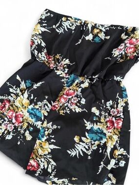 Black Floral Strapless Romper with Multicolor Blooms